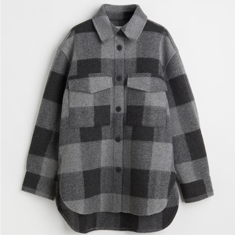 H&M Black and Gray Plaid Shirt Jacket Wool Blend Shacket Front Pockets XS